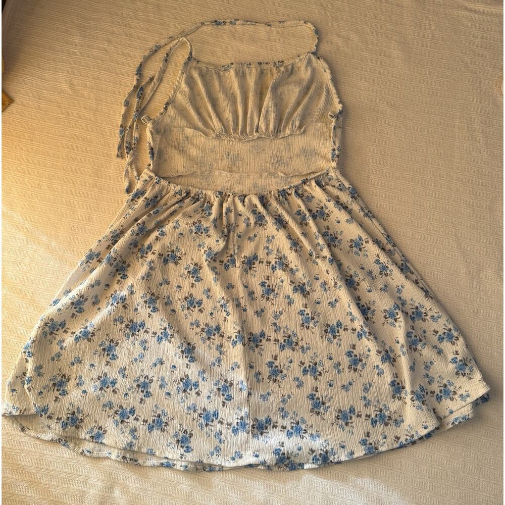 Shein Beige Blue Floral Ruffle Strappy Halter Sleeveless A-Line Sundress XS - Picture 3 of 6